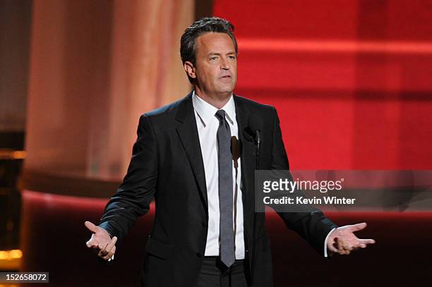Actor Matthew Perry speaks onstage during the 64th Annual Primetime Emmy Awards at Nokia Theatre L.A. Live on September 23, 2012 in Los Angeles,...