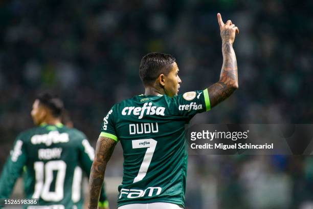 Dudu of Palmeiras celebrates after scoring the team's first goal during a match between Palmeiras and Flamengo as part of Brasileirao 2023 at Allianz...