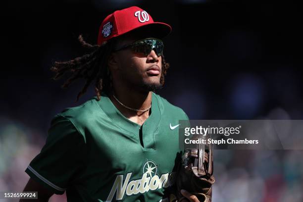 James Wood of the Washington Nationals runs back to the dugout during the SiriusXM All-Star Futures Game at T-Mobile Park on July 08, 2023 in...