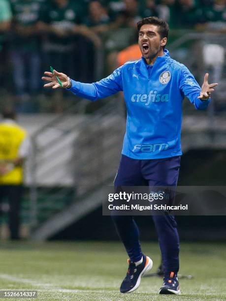 Palmeiras team coach Abel Ferreira gestures during a match between Palmeiras and Flamengo as part of Brasileirao 2023 at Allianz Parque on July 08,...