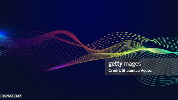 dynamic blue, red, green particle wave line on dark blue abstract background. abstract sound visualization. digital structure of the wave flow of luminous particles. - glowing line stock illustrations