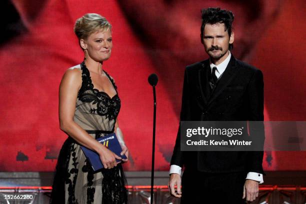Actors Martha Plimpton and Jeremy Davies speak onstage during the 64th Annual Primetime Emmy Awards at Nokia Theatre L.A. Live on September 23, 2012...