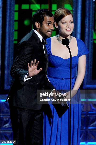 Actors Aziz Ansari and Jane Levy speak onstage during the 64th Annual Primetime Emmy Awards at Nokia Theatre L.A. Live on September 23, 2012 in Los...