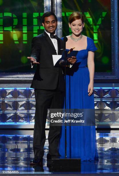 Actor Aziz Ansari and actress Jane Levy onstage during the 64th Primetime Emmy Awards at Nokia Theatre L.A. Live on September 23, 2012 in Los...