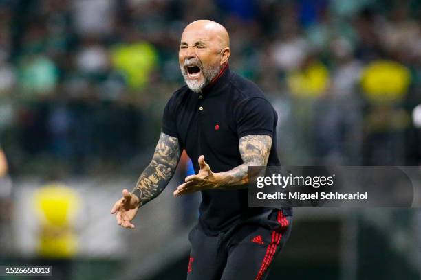 Jorge Sampaoli head coach of Flamengo reacts during a match between Palmeiras and Flamengo as part of Brasileirao 2023 at Allianz Parque on July 08,...