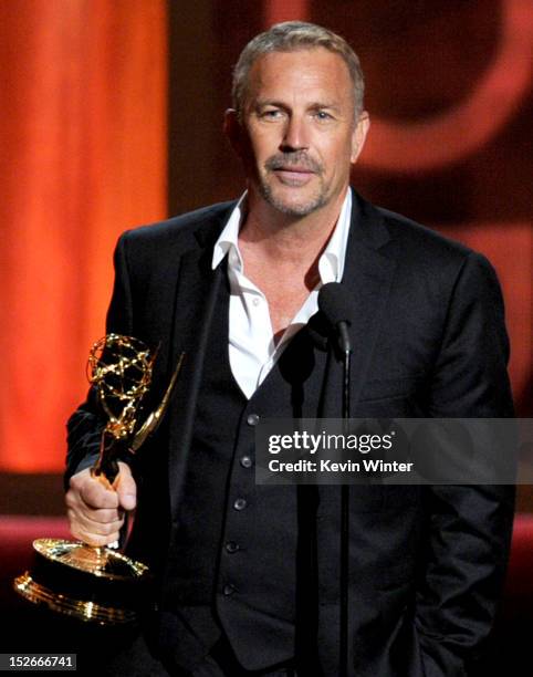 Actor Kevin Costner accepts Outstanding Lead Actor in a Miniseries or a Movie award for "Hatfields & McCoys" onstage during the 64th Annual Primetime...