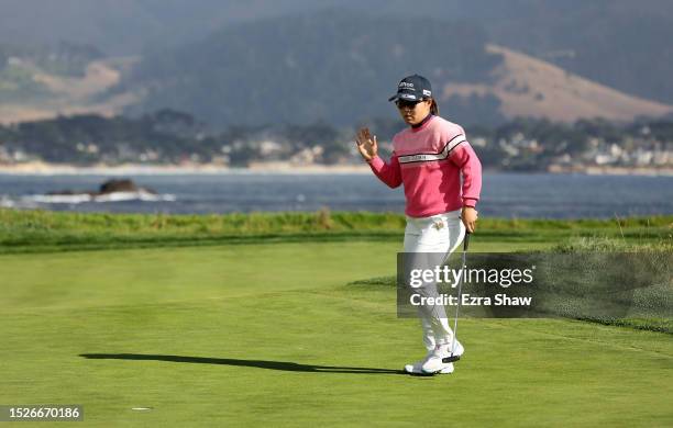 Nasa Hataoka of Japan reacts after making birdie on the 17th green during the third round of the 78th U.S. Women's Open at Pebble Beach Golf Links on...