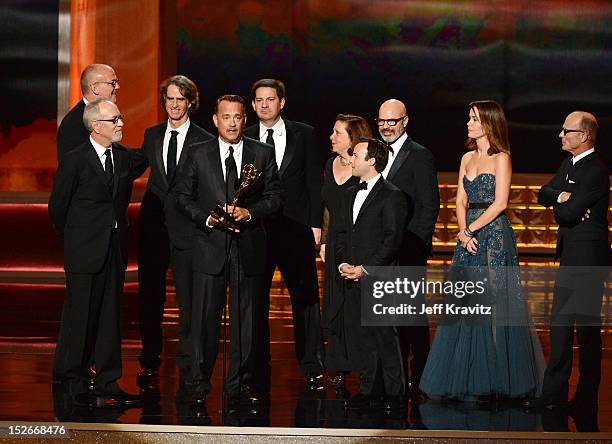 Cast and crew of Game Change accept their award onstage during the 64th Primetime Emmy Awards at Nokia Theatre L.A. Live on September 23, 2012 in Los...