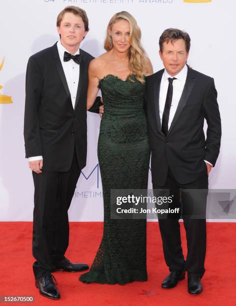 Actor Michael J. Fox, wife Tracy Pollan and son Sam Michael Fox arrive at the 64th Primetime Emmy Awards at Nokia Theatre L.A. Live on September 23,...