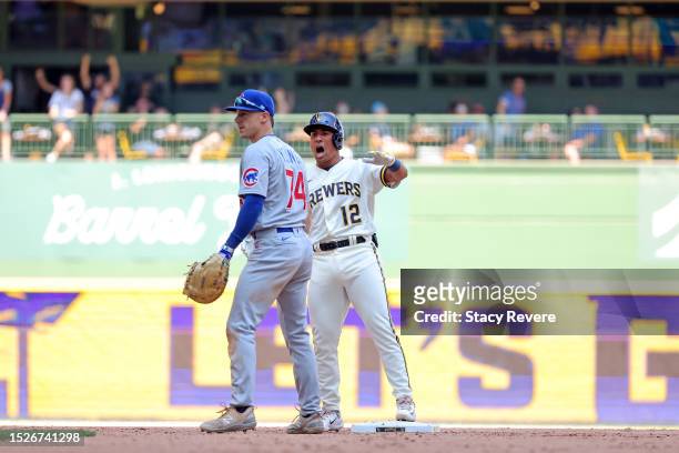 Jahmai Jones of the Milwaukee Brewers reacts to a three RBI double against the Chicago Cubs during the seventh inning at American Family Field on...