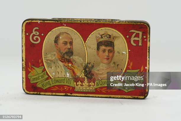 Tin containing Cadbury's chocolates, made to celebrate the coronation of King Edward VII and Queen Alexandra on June 26 before they go up for sale by...