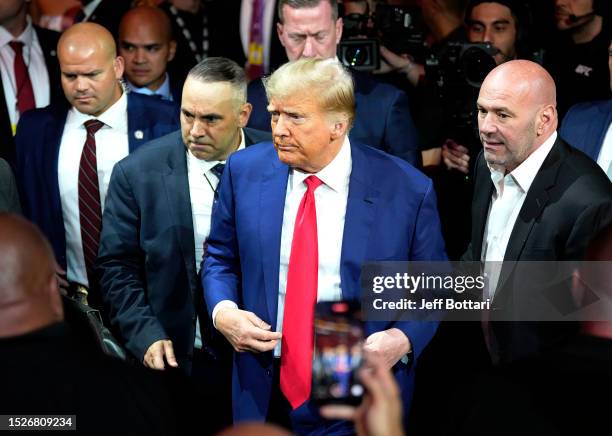 Former United States President Donald Trump and UFC President Dana White attend the UFC 290 event at T-Mobile Arena on July 08, 2023 in Las Vegas,...