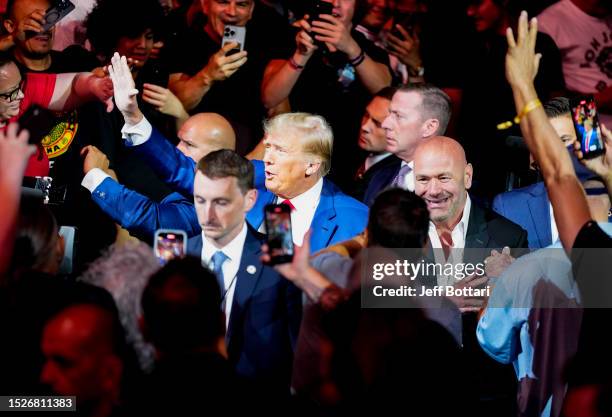 Former United States President Donald Trump and UFC President Dana White attend the UFC 290 event at T-Mobile Arena on July 08, 2023 in Las Vegas,...