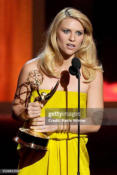 Actress Claire Danes accepts Outstanding Lead Actress in a Drama Series for "Homeland" onstage during the 64th Annual Primetime Emmy Awards at Nokia...