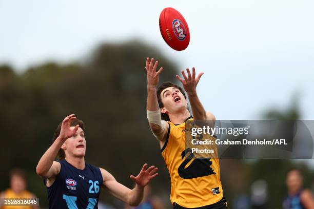 Ethan Logan of Western Australia takes a mark during the 2023 AFL National Championships match between Vic Metro and Western Australia at RSEA Park...