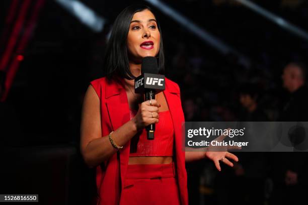 Reporter Megan Olivi is seen during the UFC 290 event at T-Mobile Arena on July 08, 2023 in Las Vegas, Nevada.
