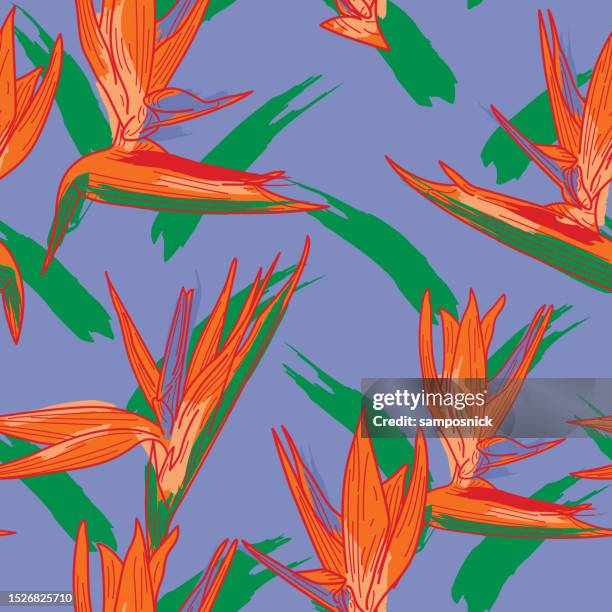 stockillustraties, clipart, cartoons en iconen met tropical bird of paradise seamless floral pattern background - hawaiian shirt