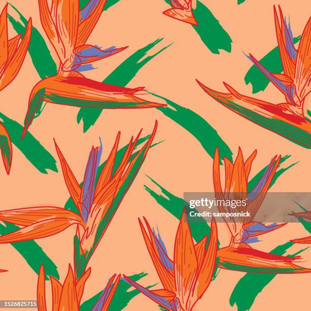 tropical bird of paradise seamless floral pattern background - bird of paradise stock illustrations