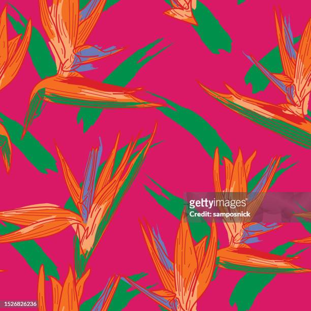 stockillustraties, clipart, cartoons en iconen met tropical bird of paradise seamless floral pattern background - hawaiian shirt