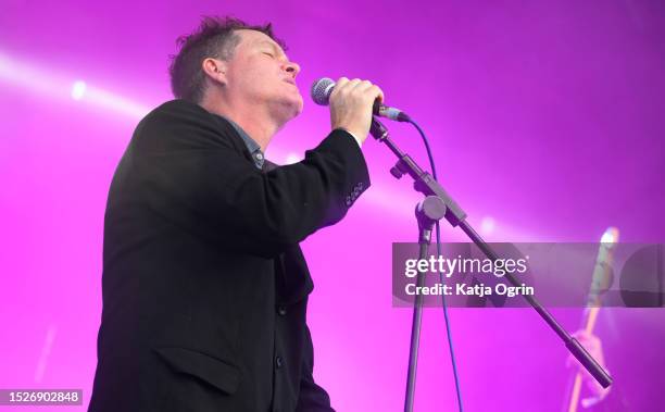 Dick Valentine of Electric Six performs at 2000 Trees Festival at Upcote Farm on July 8, 2023 in Cheltenham, England.