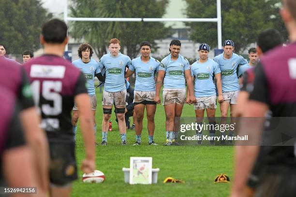 Napier Boys High School players line up before the Super 8 match between Napier Boys and Hamilton Boys at Napier Boys on July 09, 2023 in Napier, New...