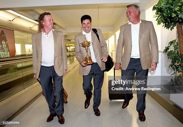 Team Captain Jose Maria Olazabal and the Ryder Cup trophy are accompanied by Team Vice Captains Miguel Angel Jimenez and Darren Clarke as the Europe...