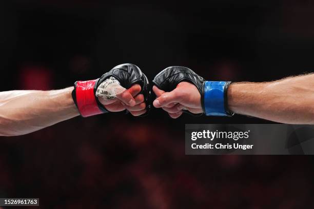 Detailed view of fight gloves during the UFC 290 event at T-Mobile Arena on July 08, 2023 in Las Vegas, Nevada.