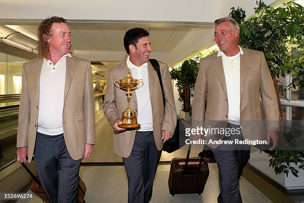Team Captain Jose Maria Olazabal and the Ryder Cup trophy are accompanied by Team Vice Captains Miguel Angel Jimenez and Darren Clarke as the Europe...