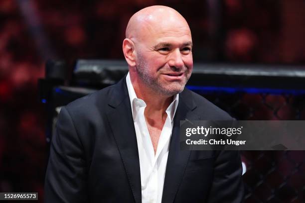 Dana White enters the Octagon during the UFC 290 event at T-Mobile Arena on July 08, 2023 in Las Vegas, Nevada.