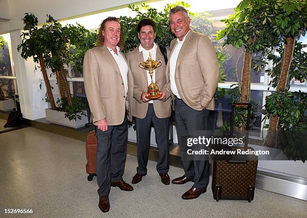 Team Captain Jose Maria Olazabal and the Ryder Cup trophy are accompanied by Team Vice Captains Miguel Angel Jimenez and Darren Clarke as the Europe...