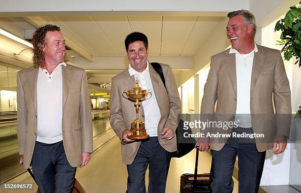 Team Captain Jose Maria Olazabal and the Ryder Cup trophy are accompanied by Team Vice Captains Miguel Angel Jimenez and Darren Clarke as the Europe...