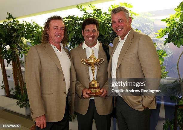 Team Captain Jose Maria Olazabal and the Ryder Cup trophy are accompanied by Team Vice Captains Miguel Angel Jimenez and Darren Clarke as the Europe...