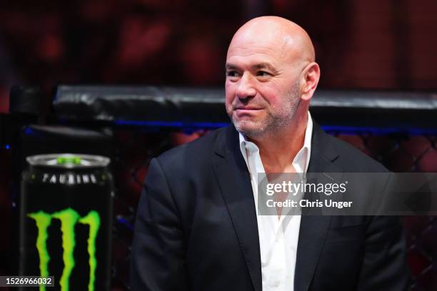 Dana White enters the Octagon during the UFC 290 event at T-Mobile Arena on July 08, 2023 in Las Vegas, Nevada.