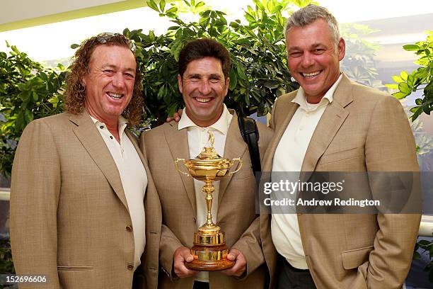 Team Captain Jose Maria Olazabal and the Ryder Cup trophy are accompanied by Team Vice Captains Miguel Angel Jimenez and Darren Clarke as the Europe...