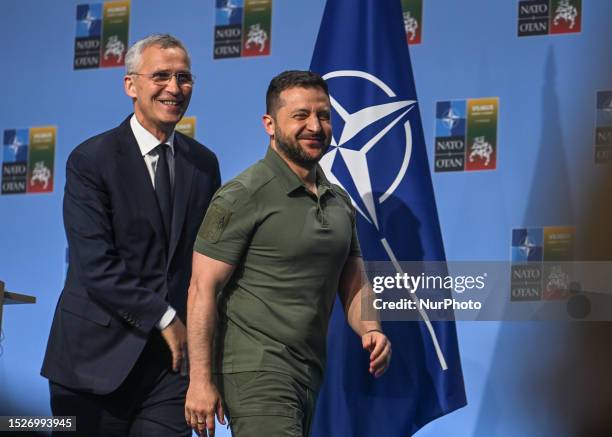 Secretary General of NATO Jens Stoltenberg and President of Ukraine Volodymyr Zelenskyy at the end of a joint press conference on the second day of...