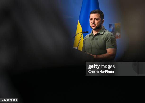 President of Ukraine Volodymyr Zelenskyy during a joint press conference on the second day of the 2023 NATO Summit in Vilnius, Lithuania, on July 12,...