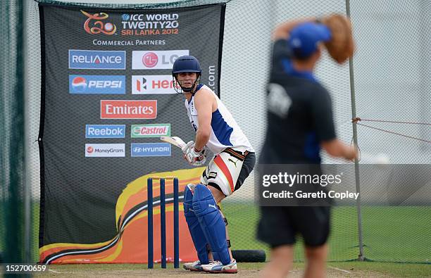 Craig Kieswetter of England plays at throwdowns from coach Andy Flower during a nets session at P Sara Oval on September 24, 2012 in Colombo, Sri...