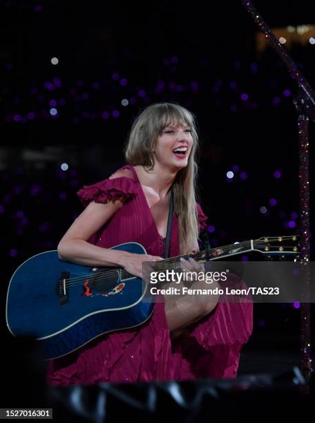 Taylor Swift performs onstage during night two of Taylor Swift | The Eras Tour at GEHA Field at Arrowhead Stadium on July 08, 2023 in Kansas City,...