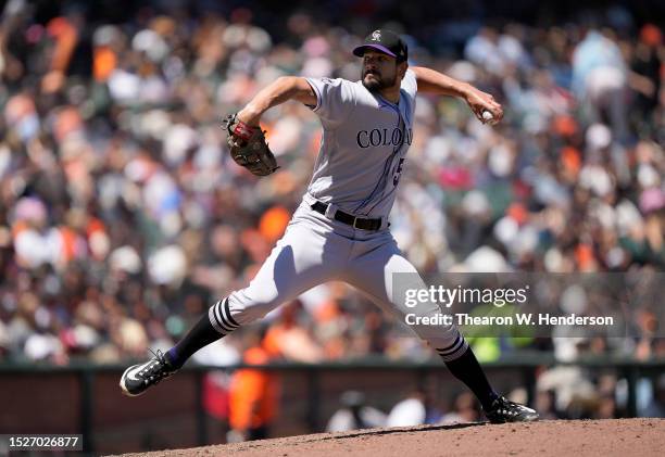 Brad Hand of the Colorado Rockies pitches against the San Francisco Giants in the bottom of the fifth inning at Oracle Park on July 08, 2023 in San...