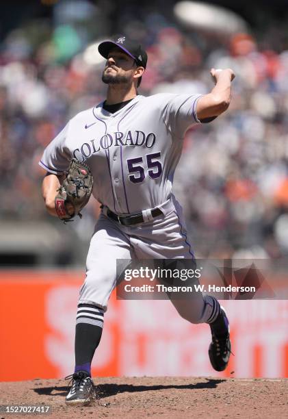 Brad Hand of the Colorado Rockies pitches against the San Francisco Giants in the bottom of the fourth inning at Oracle Park on July 08, 2023 in San...