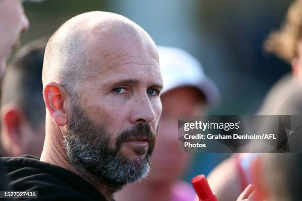 Allies Coach Mark McVeigh gives instructions during the 2023 AFL National Championships match between Vic Country and the Allies at RSEA Park on July...