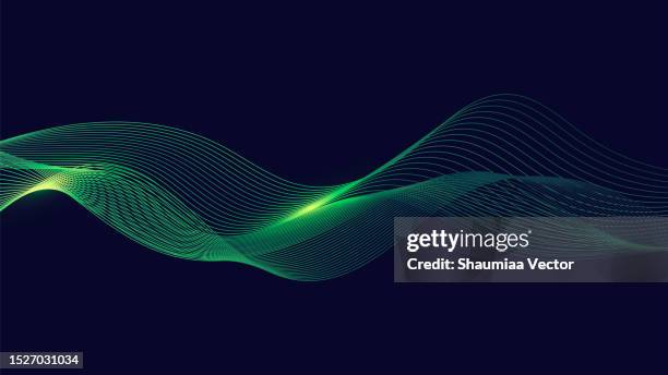 ilustrações de stock, clip art, desenhos animados e ícones de dynamic green particle wave line on dark blue abstract background. abstract sound visualization. digital structure of the wave flow of luminous particles. - techno background