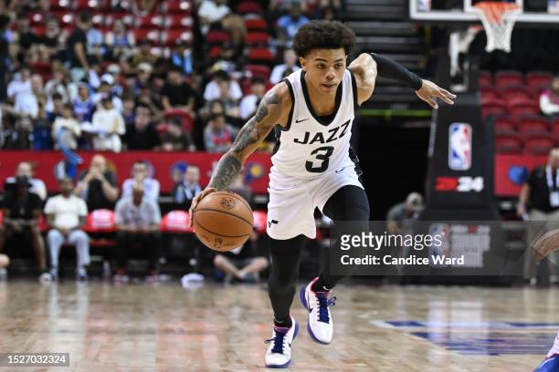 Keyonte George of the Utah Jazz dribbles against the LA Clippers during the first quarter of a 2023 NBA Summer League game at the Thomas & Mack...
