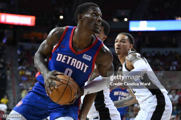 Jalen Duren of Detroit Pistons prepares to shoot against the Orlando Magic during the third quarter of a 2023 NBA Summer League game at the Thomas &...