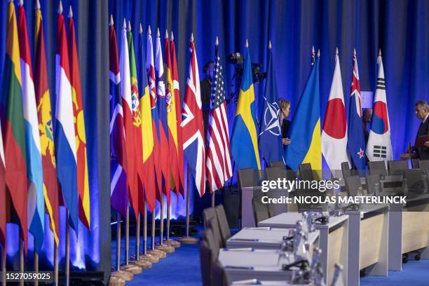 The Ukrainian flag pictured during a head of states summit of the NATO military alliance, Wednesday 12 July 2023 in Vilnius, Lithuania. BELGA PHOTO...