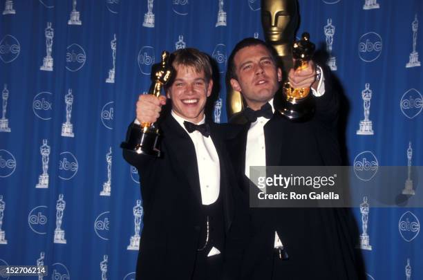 Actor Matt Damon and actor Ben Affleck attend the 70th Annual Academy Awards on March 23, 1998 at Shrine Auditorium in Los Angeles, California.