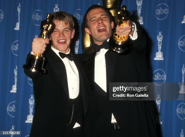 Actor Matt Damon and actor Ben Affleck attend the 70th Annual Academy Awards on March 23, 1998 at Shrine Auditorium in Los Angeles, California.