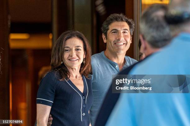 Sheryl Sandberg, former chief operating officer of Meta Platforms Inc., and Tom Bernthal attend the Allen & Co. Media and Technology Conference in...