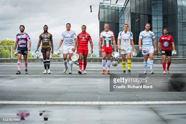 French club captains Pierre Rabadan of Stade Francais Paris, Fulgence Ouedraogo of Montpellier, Matthias Rolland of Castres Olympique, Thierry...