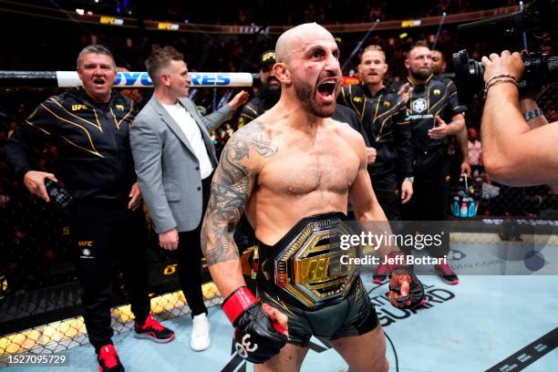 Alexander Volkanovski of Australia reacts to his win over Yair Rodriguez of Mexico in the UFC featherweight championship fight during the UFC 290...